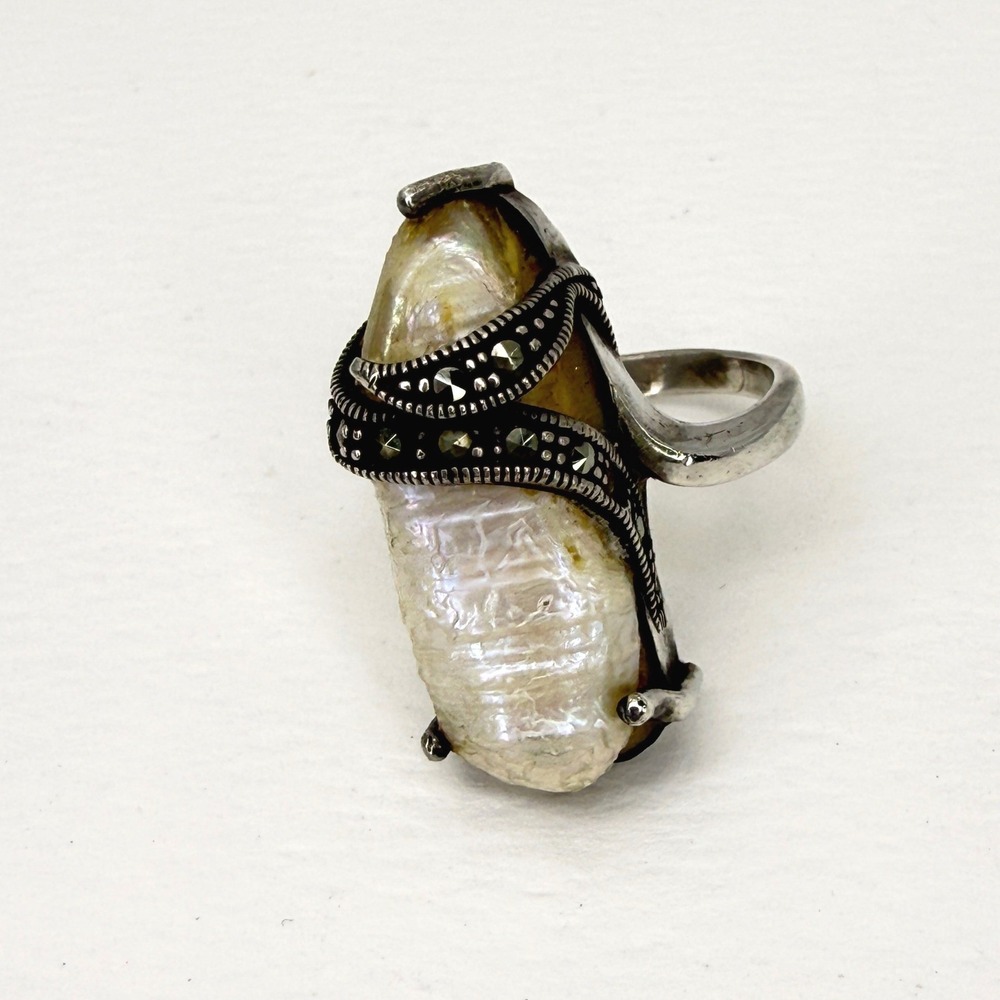 CFJ Sterling Silver Baroque Pearl Marcasite Statement Ring Collins Fine Jewelry